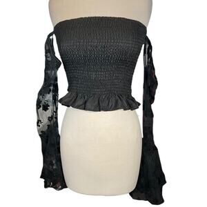 Romwe Y2K Black Sheer Floral Off Shoulder Smocked Bell Sleeve Boho Goth Y2K XL
